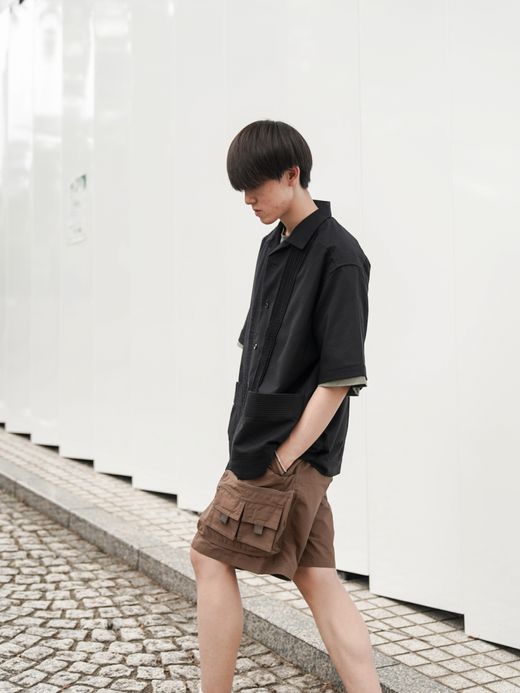 Audience 綿麻ビンテージキャンバス ピンタック ハーフスリーブシャツ / Black