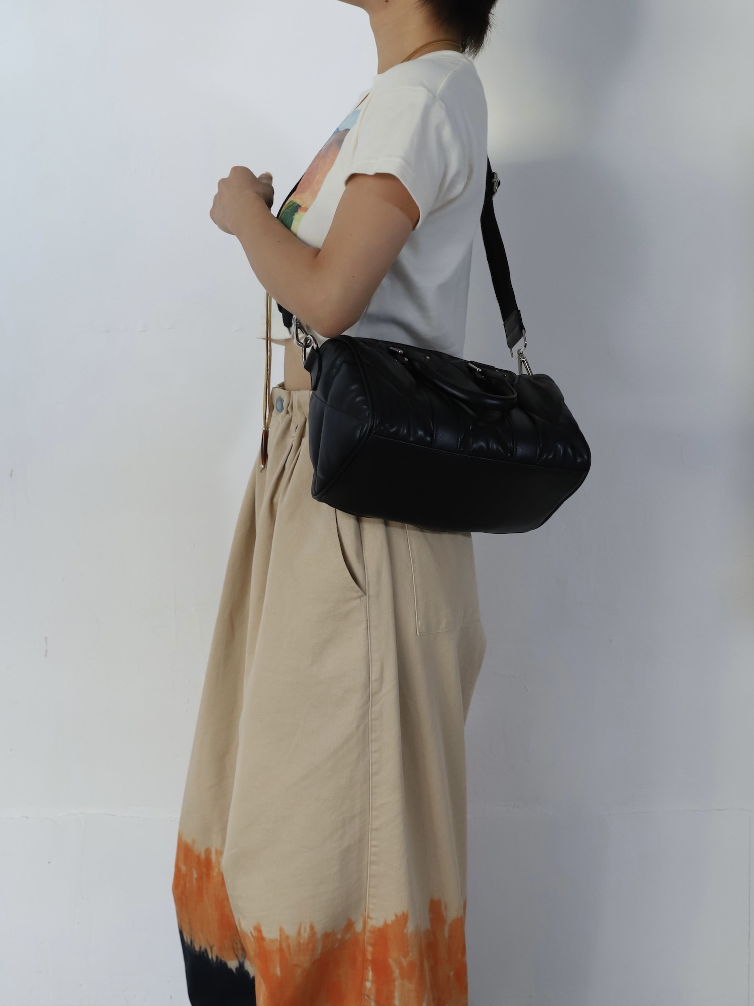 AMBERGLEAM MINI BOSTON QUILTING LEATHER BAG / Black