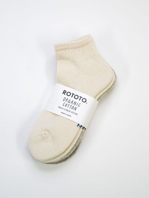 ROTOTO ORGANIC DAILY 3 PACK ANKLE SOCKS / Ecru/gray
