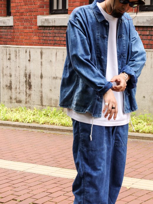 ANACHRONORM ROLL UP SLEEVES CHINA COVERALL SHIRTS / Indigo(bleach wash)